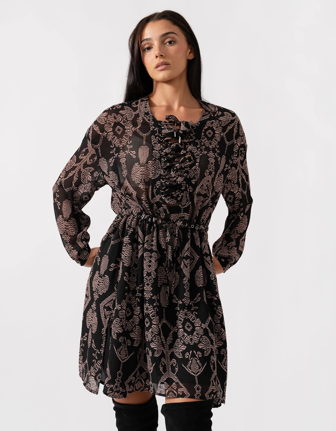 Printed Sheer Lace Up Oversized Womens Dress