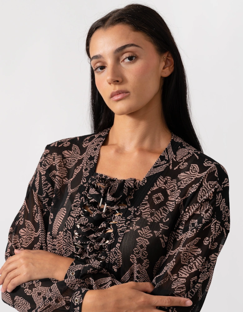 Printed Sheer Lace Up Oversized Womens Dress