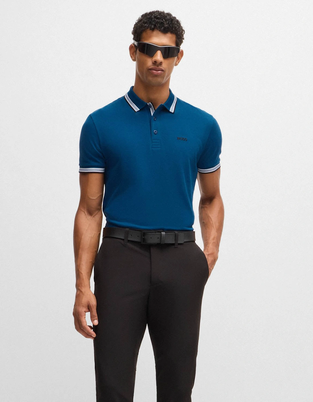 BOSS Green Paddy Mens Cotton-Piqué Polo Shirt with Contrast Logo - Open Blue 494