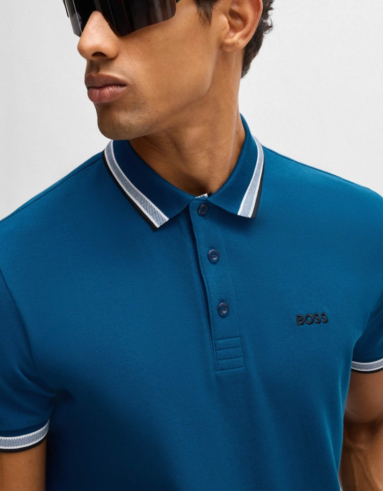 BOSS Green Paddy Mens Cotton-Piqué Polo Shirt with Contrast Logo - Open Blue 494