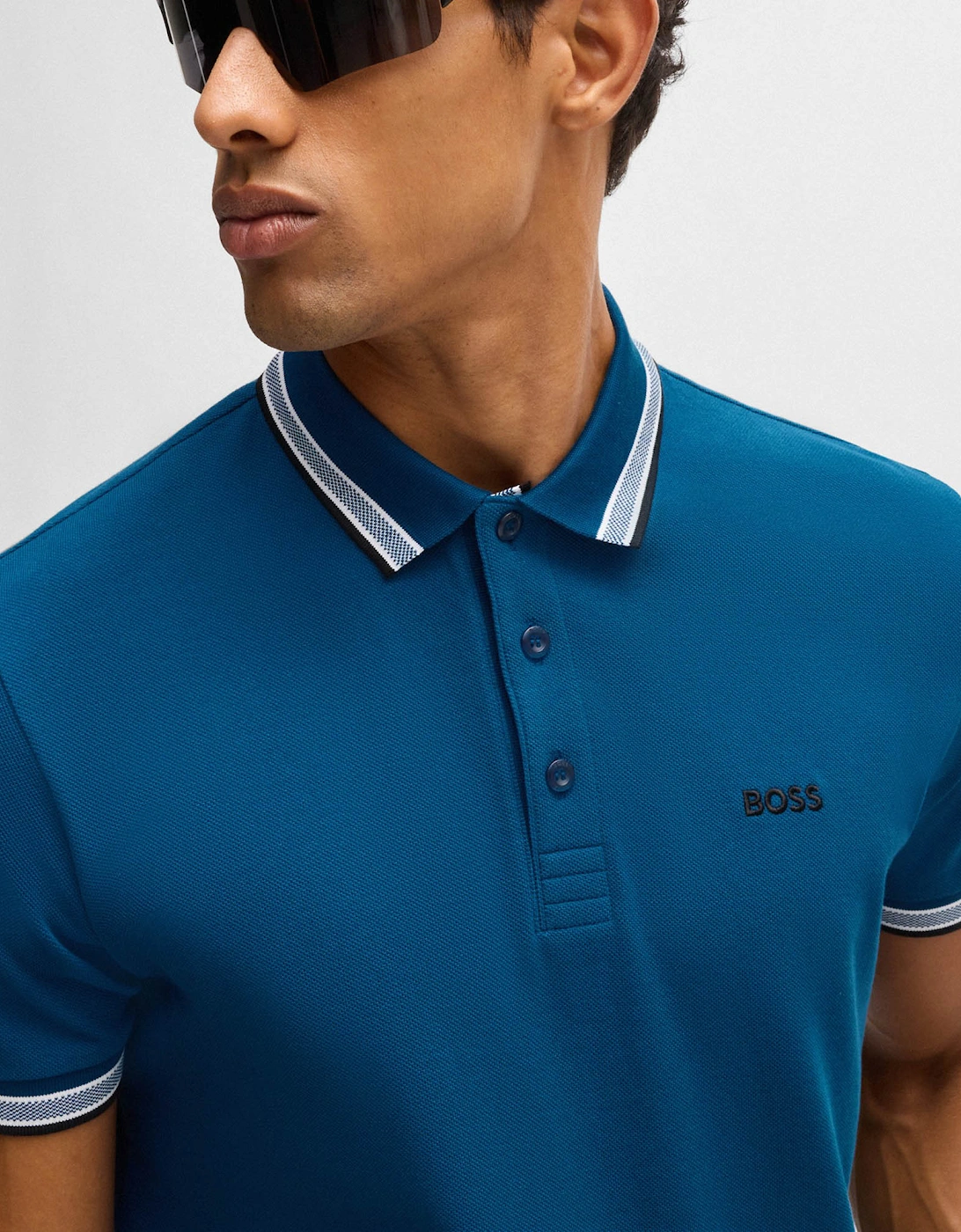BOSS Green Paddy Mens Cotton-Piqué Polo Shirt with Contrast Logo - Open Blue 494