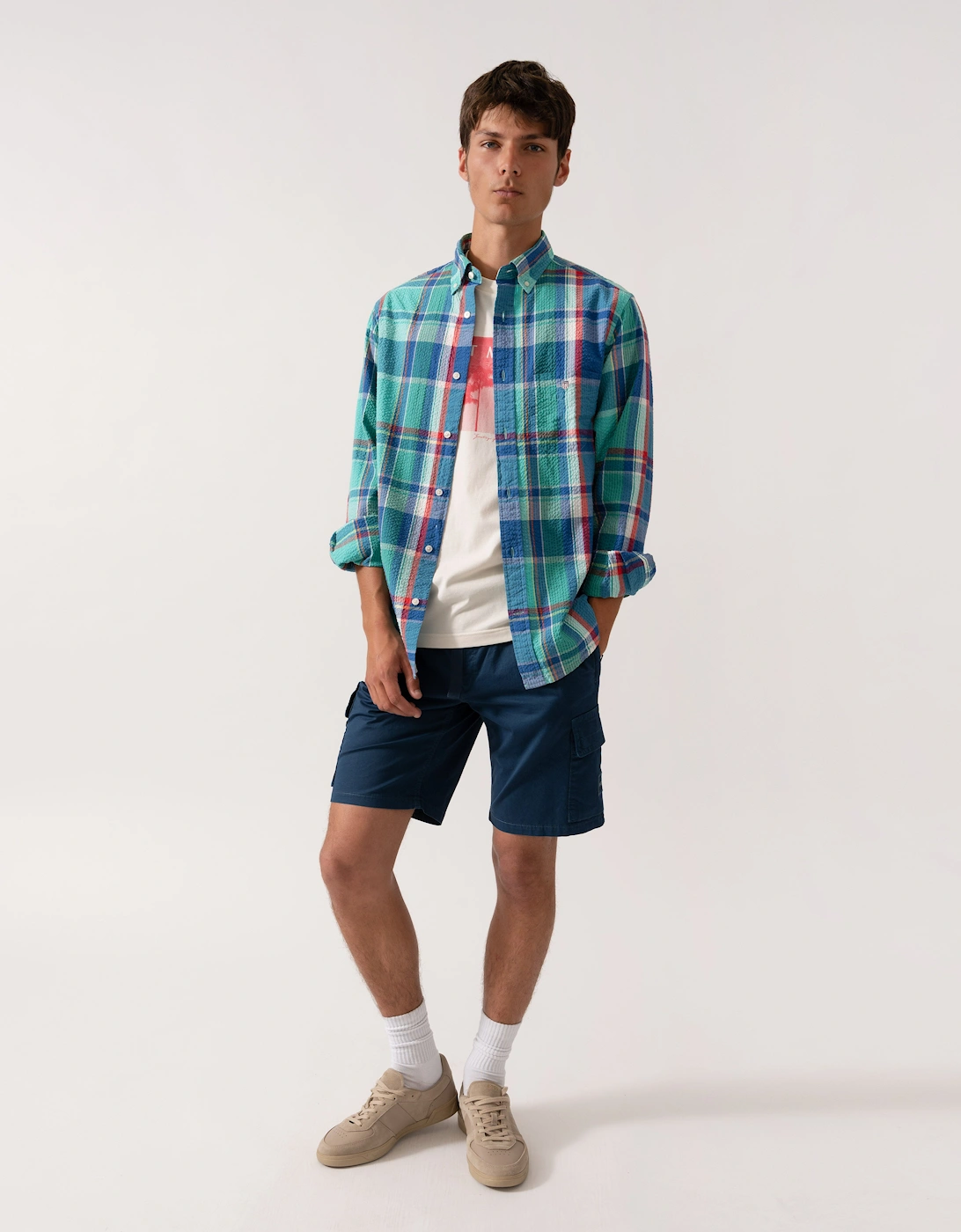 Mens Regular Fit Seersucker Madras Shirt with Shield Logo 353 Tropic Blue