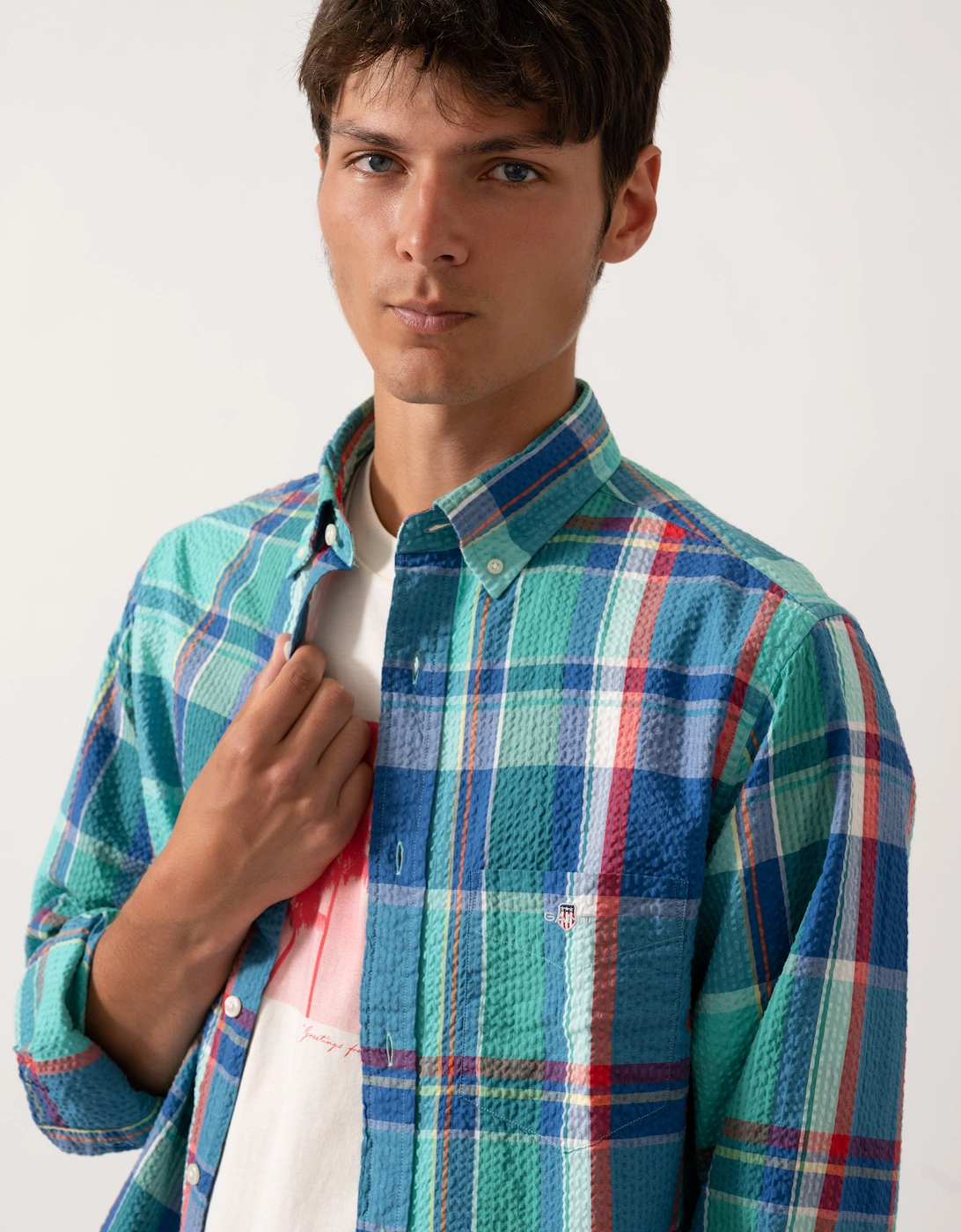 Mens Regular Fit Seersucker Madras Shirt with Shield Logo 353 Tropic Blue