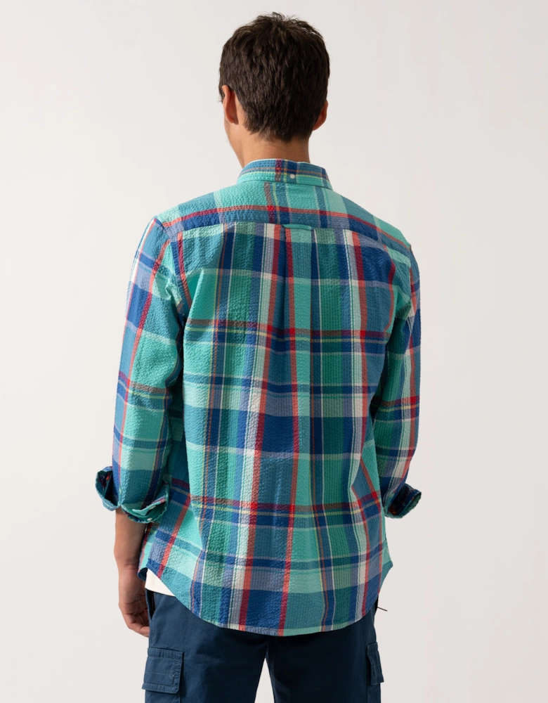 Mens Regular Fit Seersucker Madras Shirt with Shield Logo 353 Tropic Blue