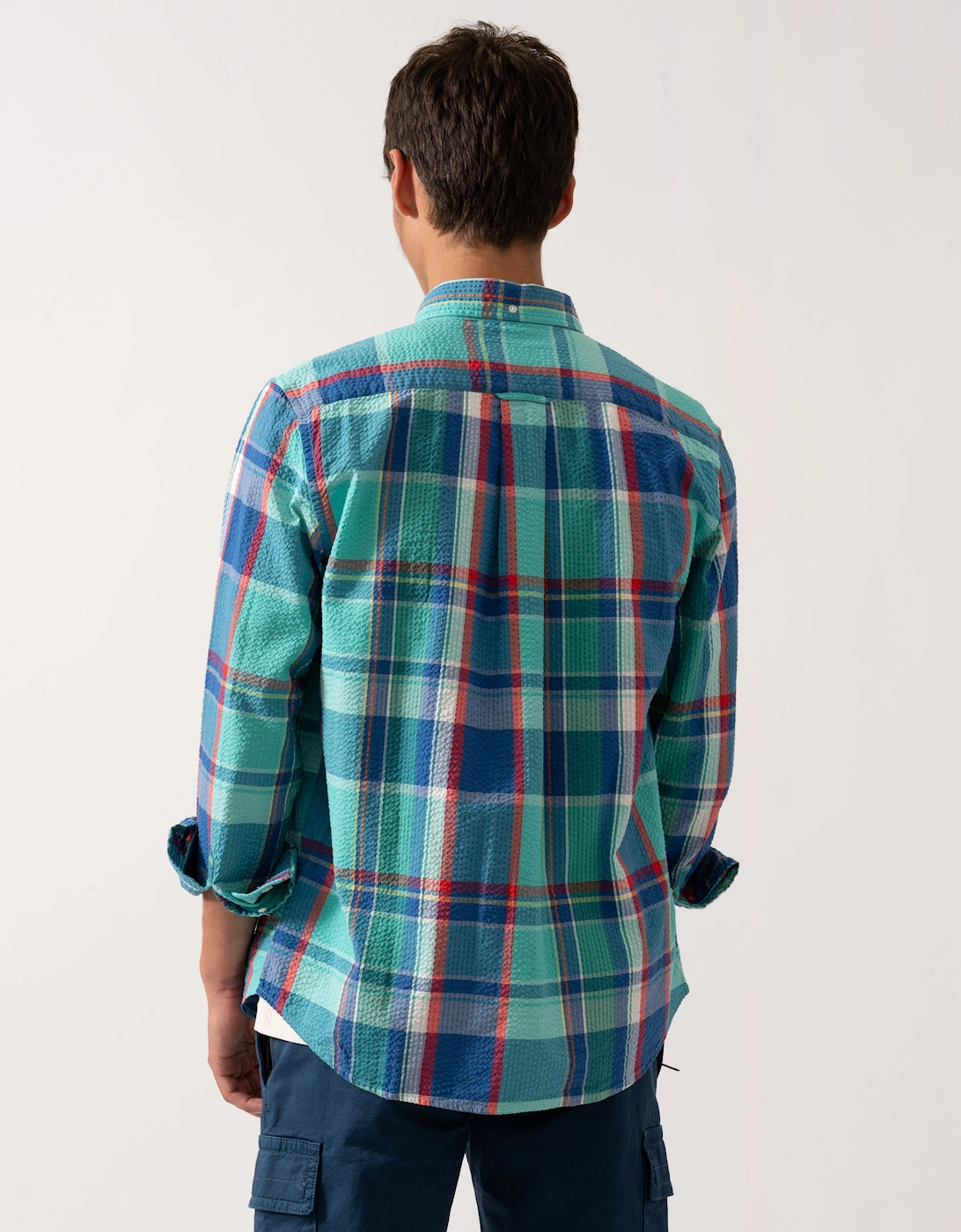 Mens Regular Fit Seersucker Madras Shirt with Shield Logo 353 Tropic Blue