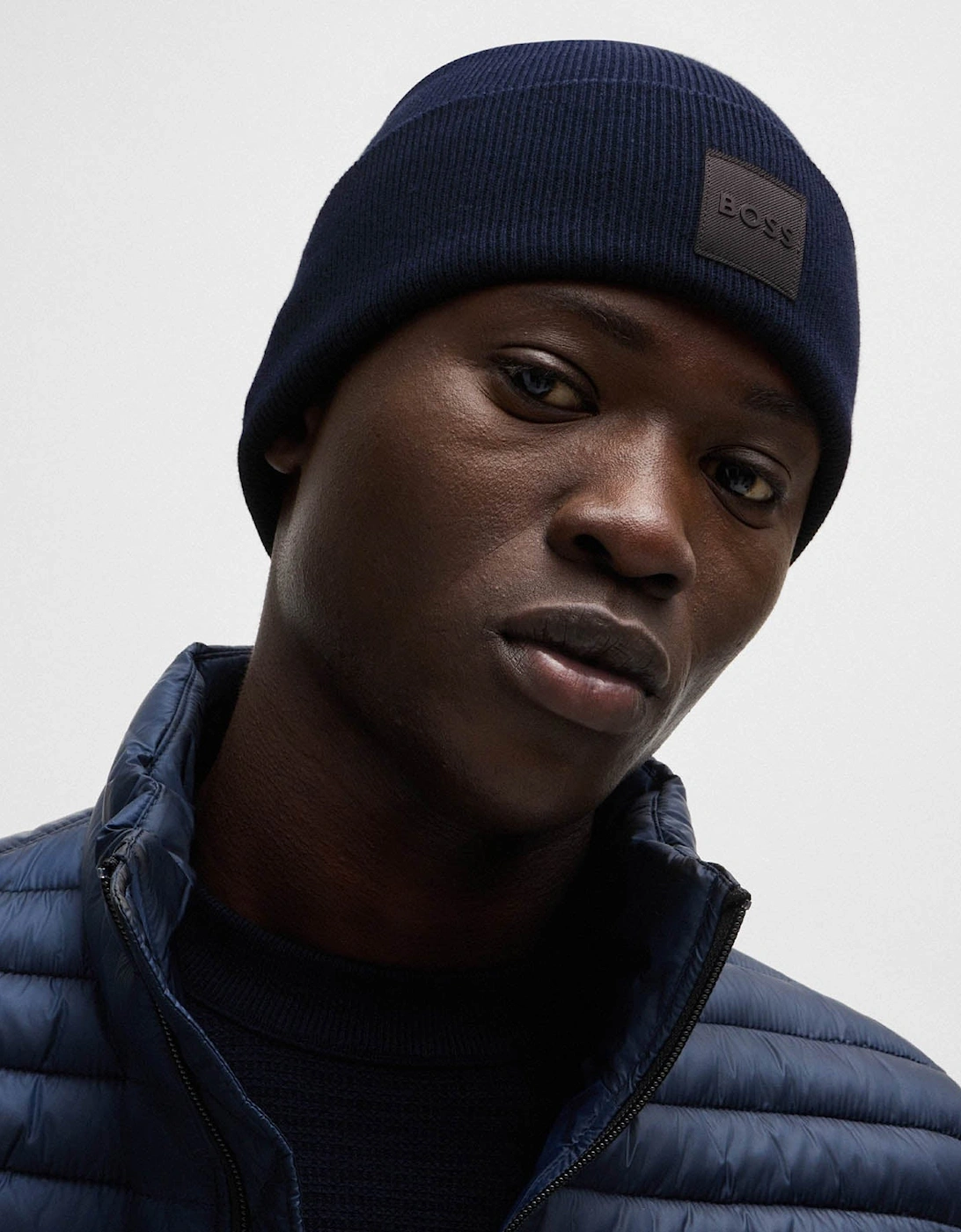 BOSS Orange Fantastico R Mens Beanie Hat in Knitted Cotton with Logo Label  - Dark Blue 404