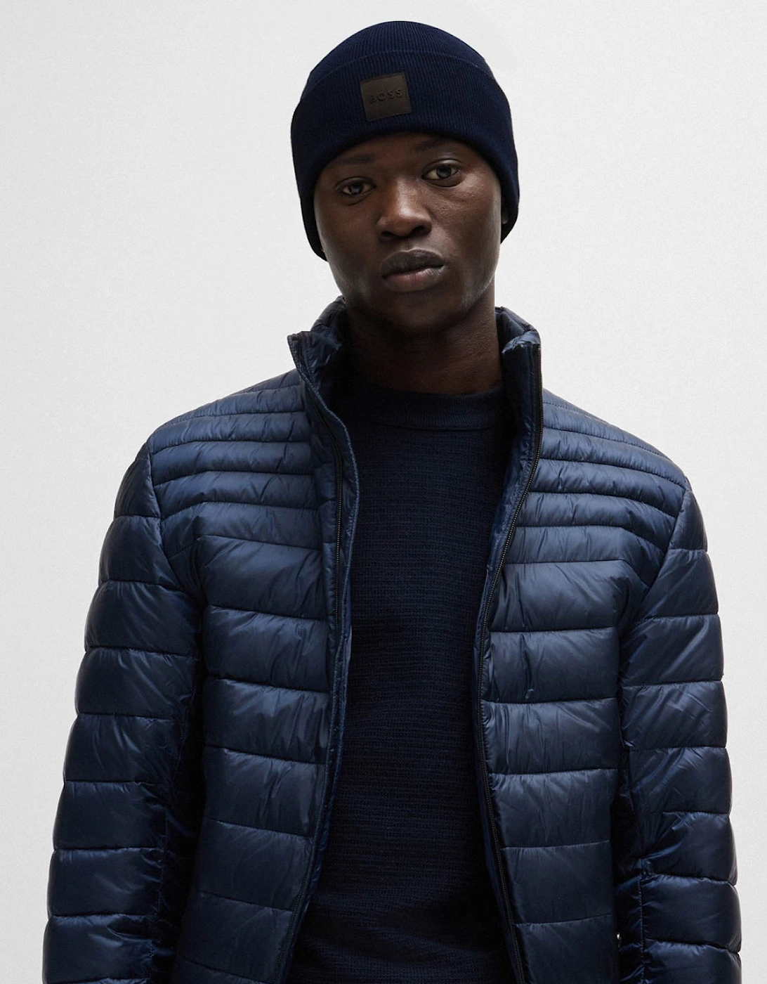 BOSS Orange Fantastico R Mens Beanie Hat in Knitted Cotton with Logo Label  - Dark Blue 404