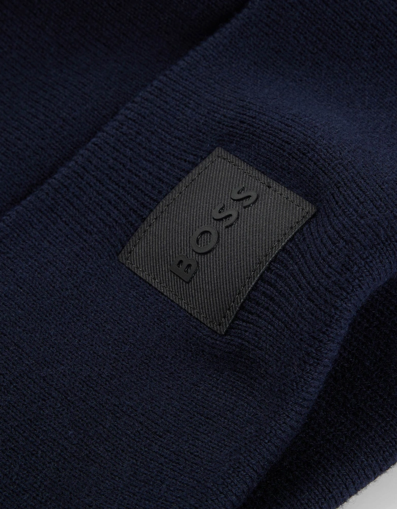 BOSS Orange Fantastico R Mens Beanie Hat in Knitted Cotton with Logo Label  - Dark Blue 404