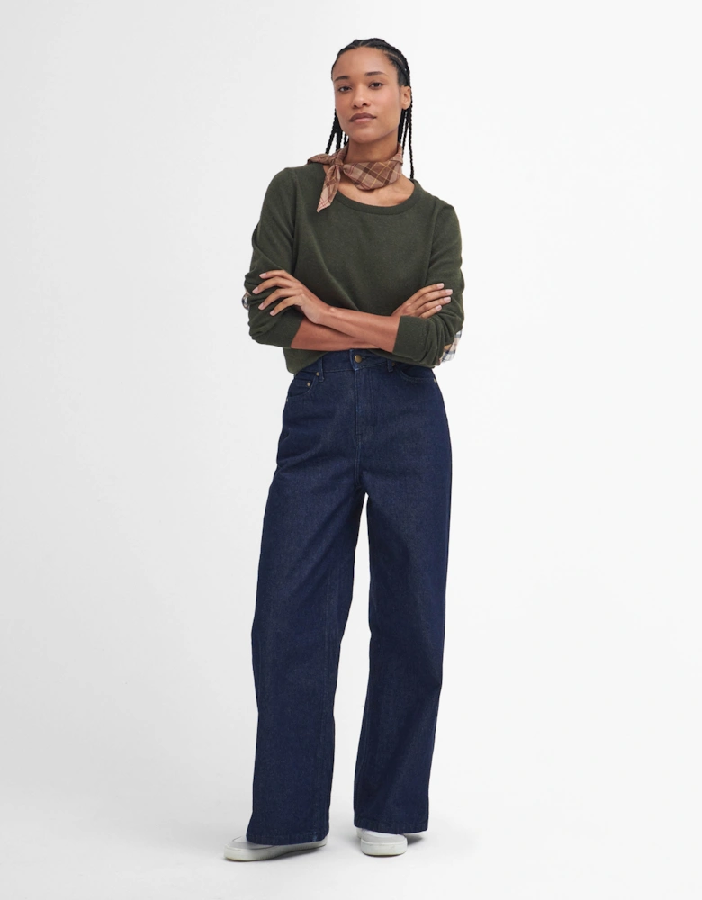 Pendle Crew Knitted Womens Jumper - Olive/Hessian Tartan