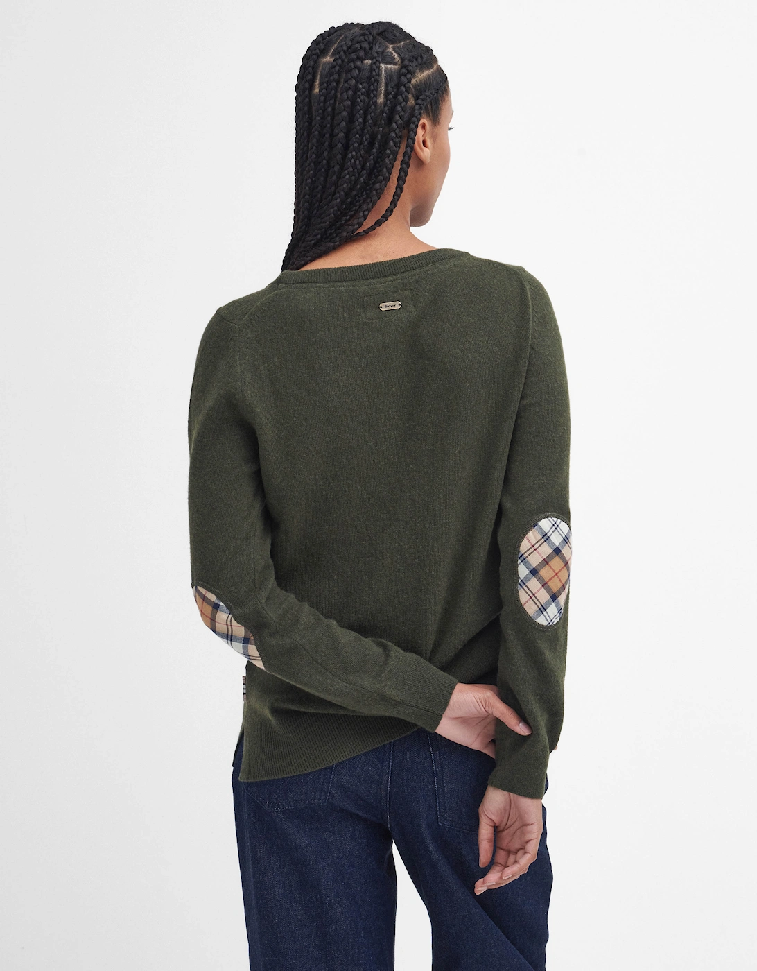 Pendle Crew Knitted Womens Jumper - Olive/Hessian Tartan