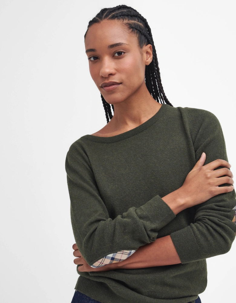 Pendle Crew Knitted Womens Jumper - Olive/Hessian Tartan