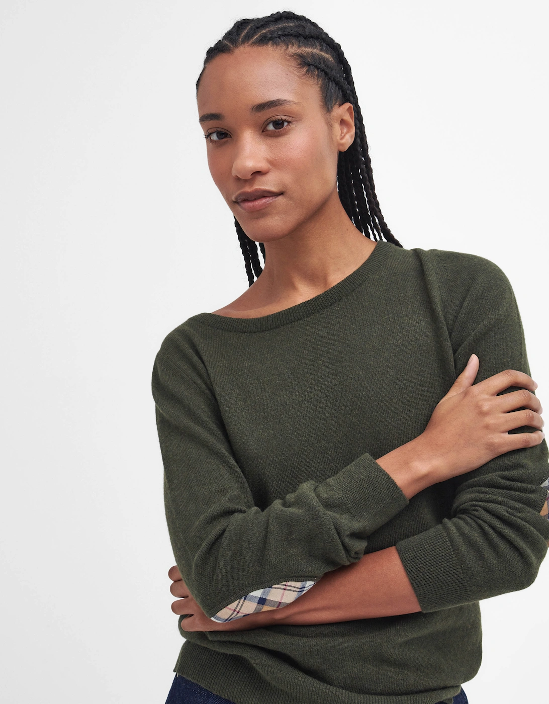 Pendle Crew Knitted Womens Jumper - Olive/Hessian Tartan