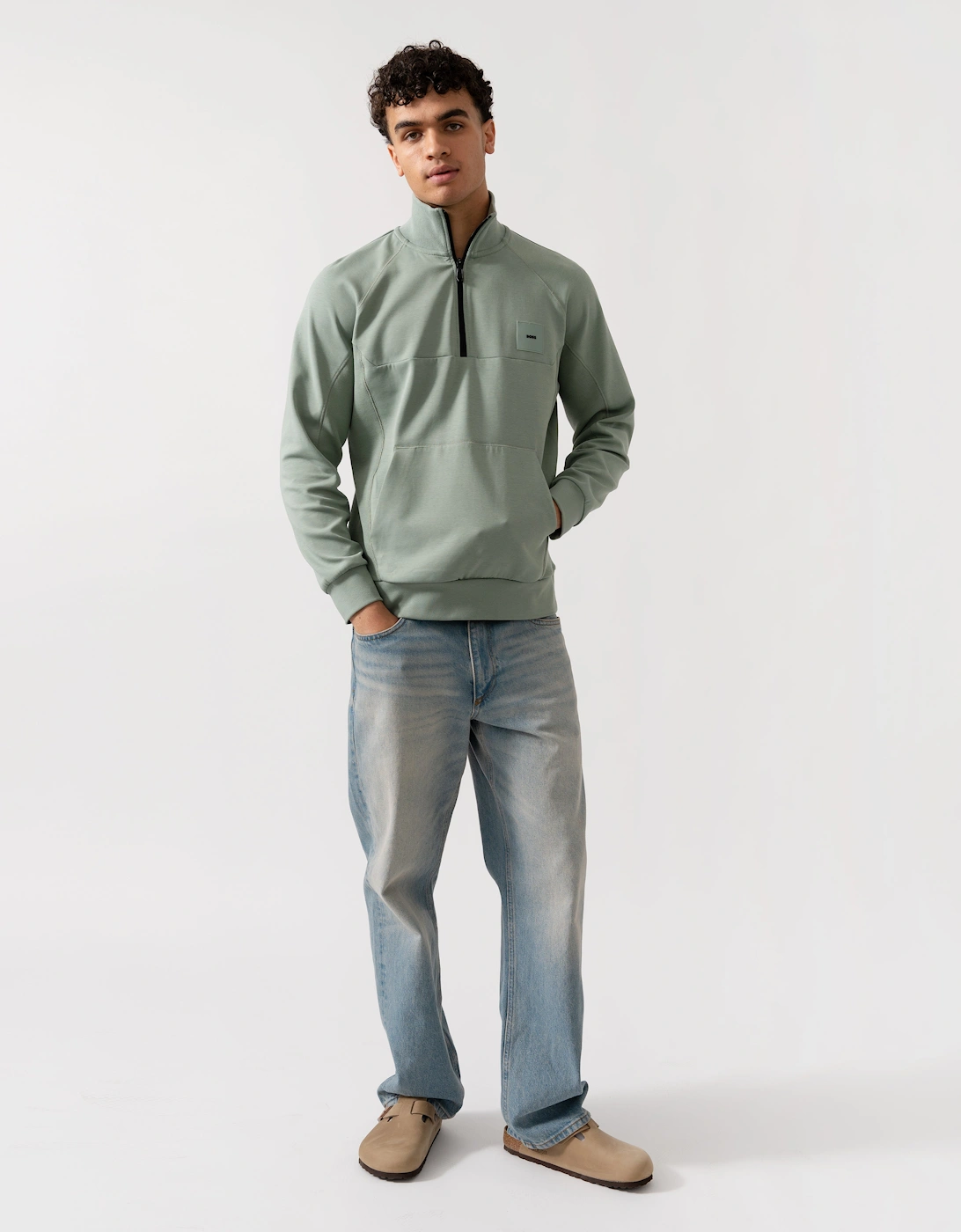 BOSS Green Sweat Rib Mens Half Zip Sweatshirt - Open Green 357