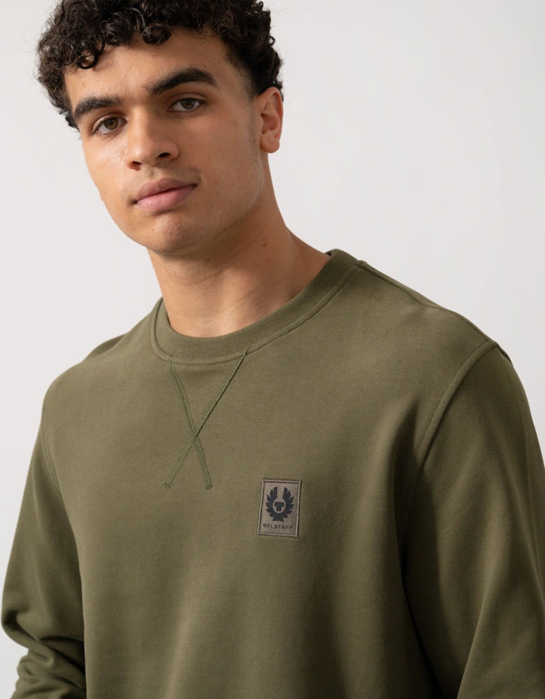 Mens Crew Neck Sweatshirt With Logo Patch - True Olive