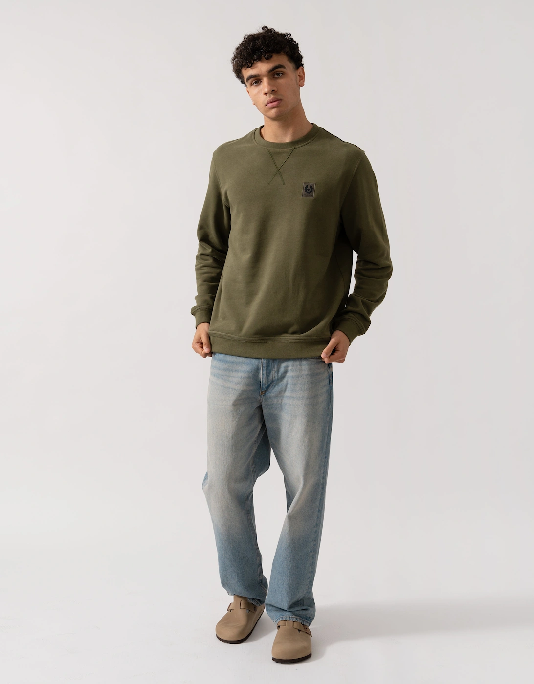 Mens Crew Neck Sweatshirt With Logo Patch - True Olive