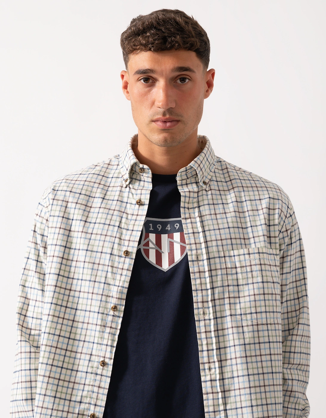 Mens Long Sleeve Twill Check Shirt - 427 Clear Sky