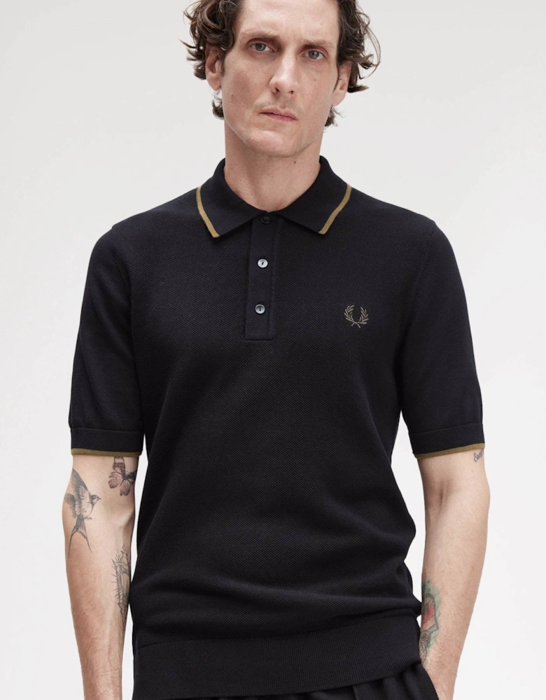 Mens Pique Stitch Knitted Polo Shirt - Black 102
