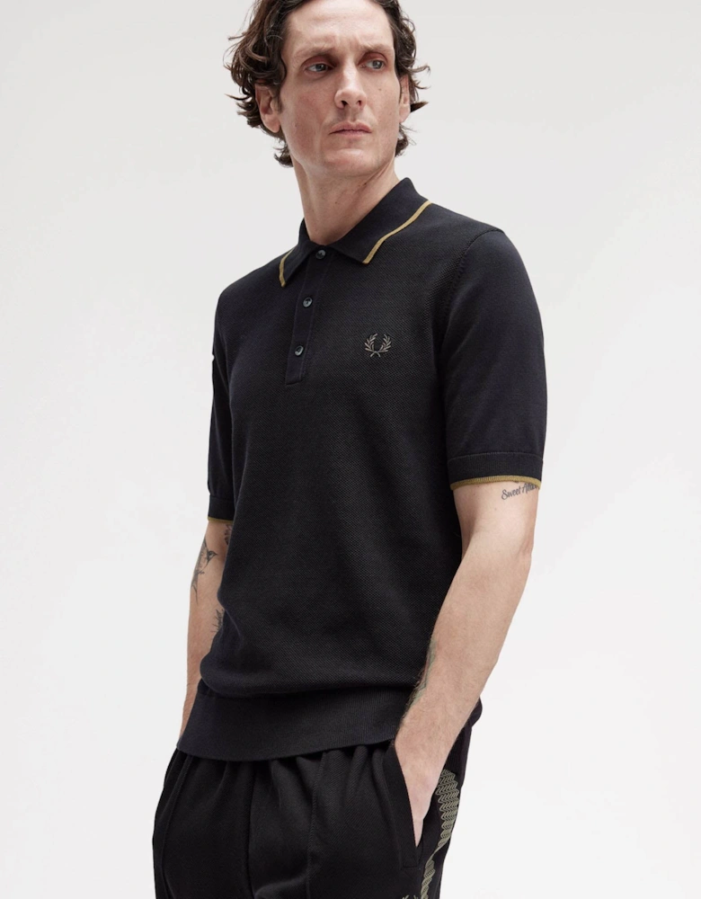 Mens Pique Stitch Knitted Polo Shirt - Black 102