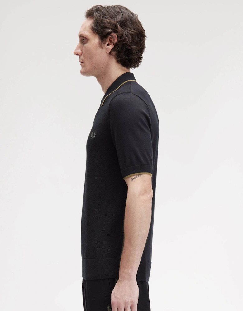 Mens Pique Stitch Knitted Polo Shirt - Black 102