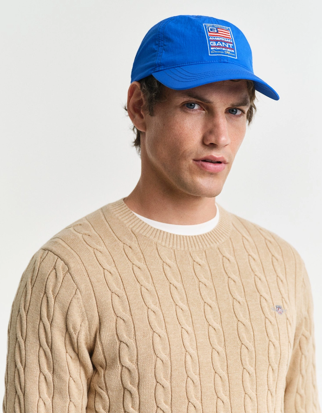 Mens Cotton Cable Knit Crew Neck Jumper - 296 Khaki Mel