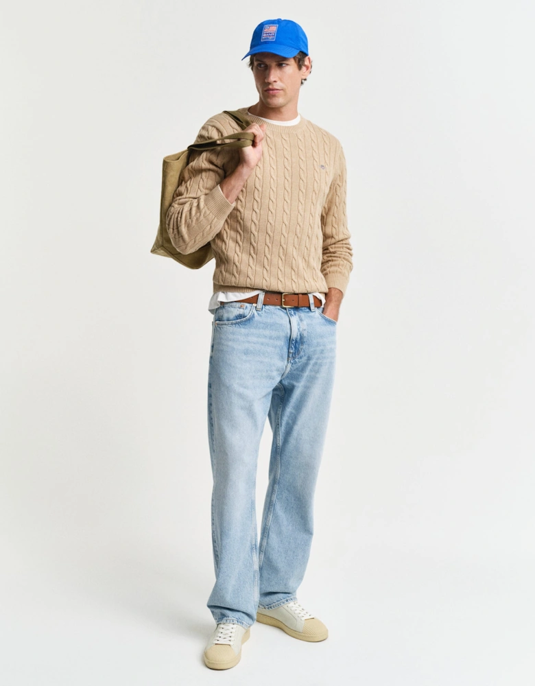 Mens Cotton Cable Knit Crew Neck Jumper - 296 Khaki Mel