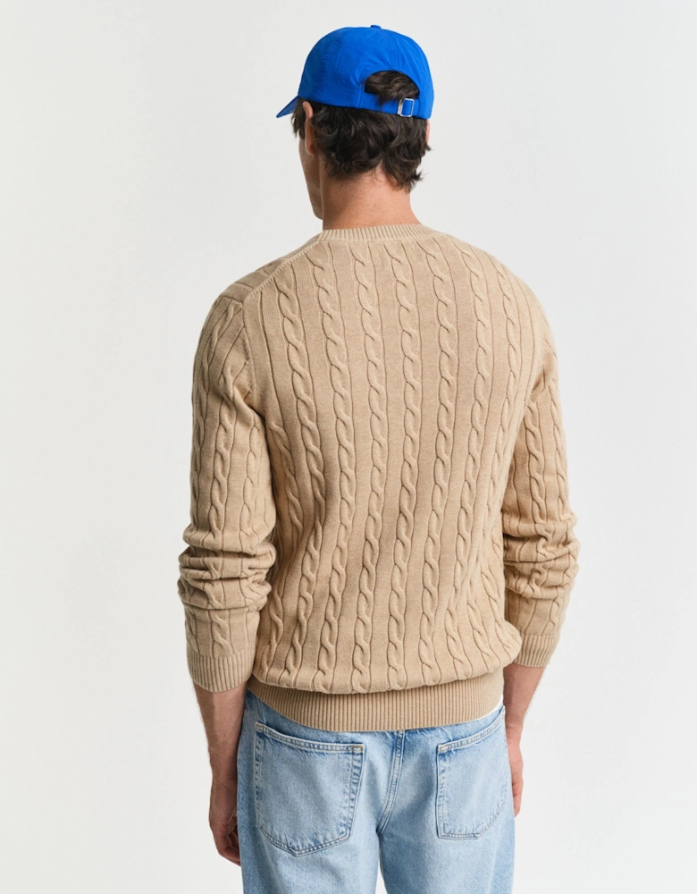 Mens Cotton Cable Knit Crew Neck Jumper - 296 Khaki Mel