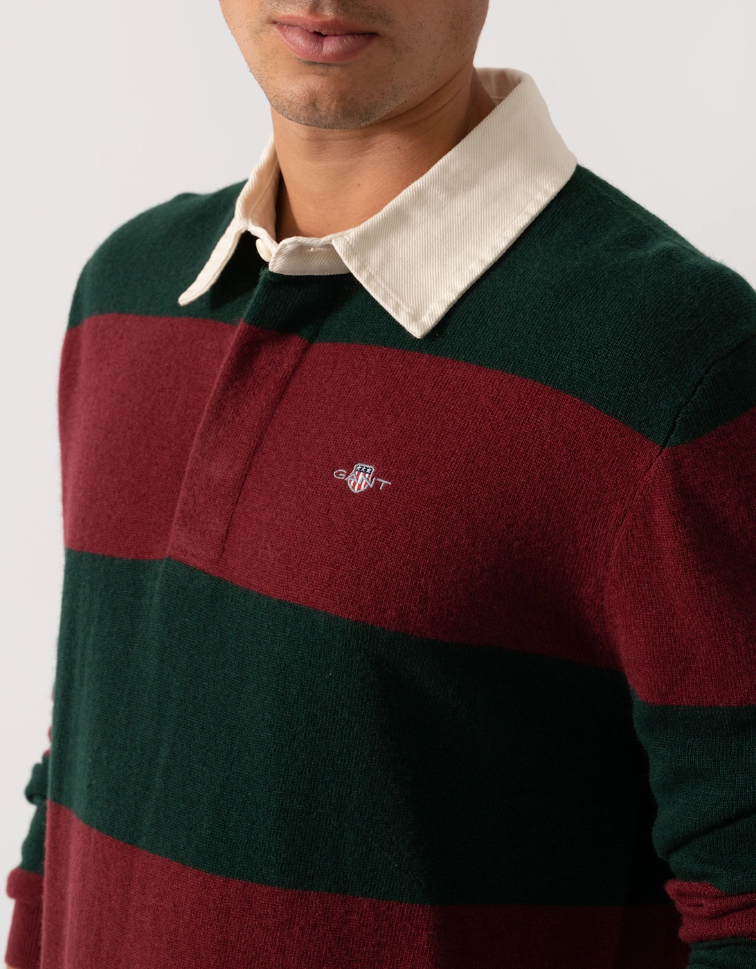 Mens Extrafine Lambswool Striped Long Sleeve Polo - 374 Tartan Green