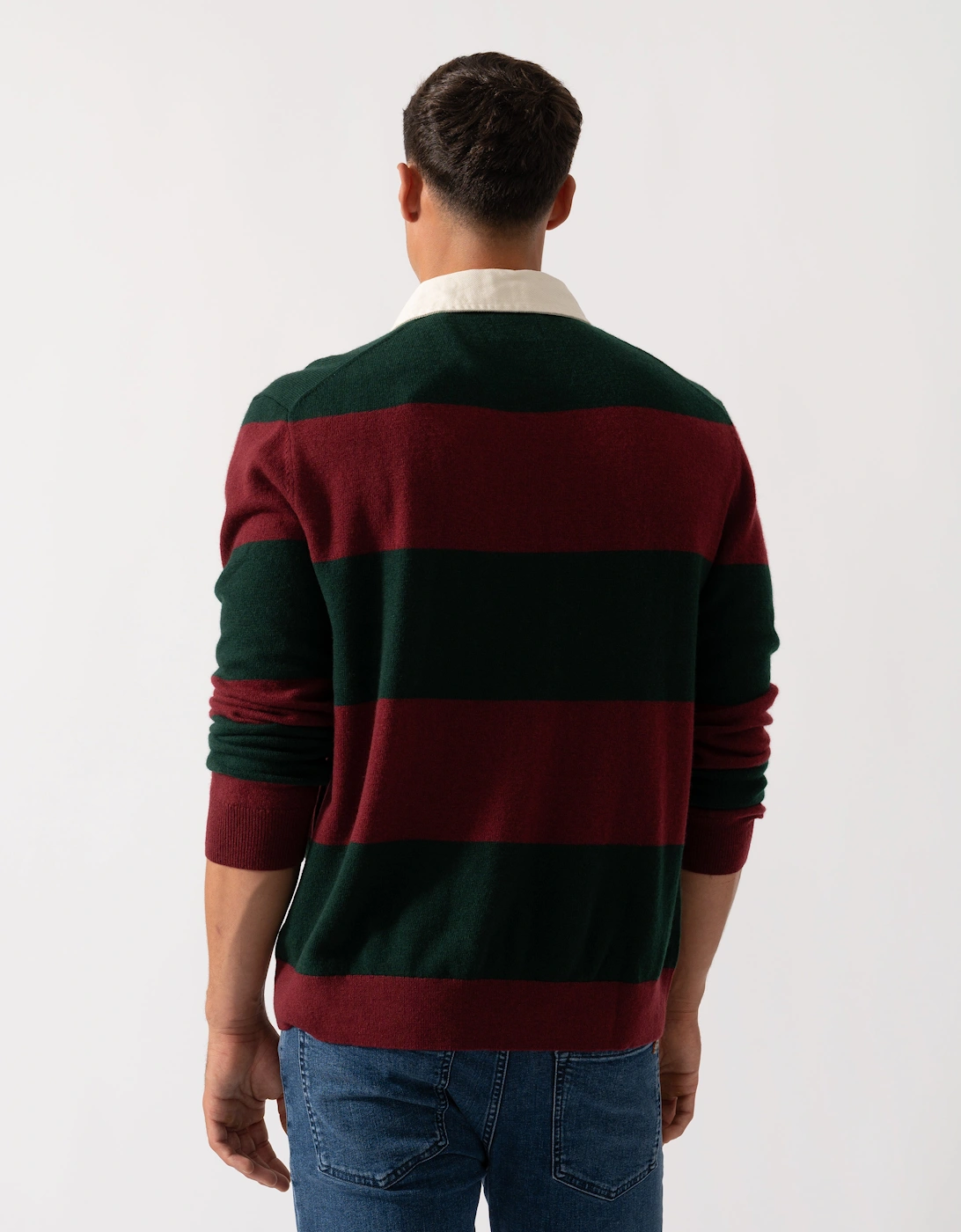 Mens Extrafine Lambswool Striped Long Sleeve Polo - 374 Tartan Green
