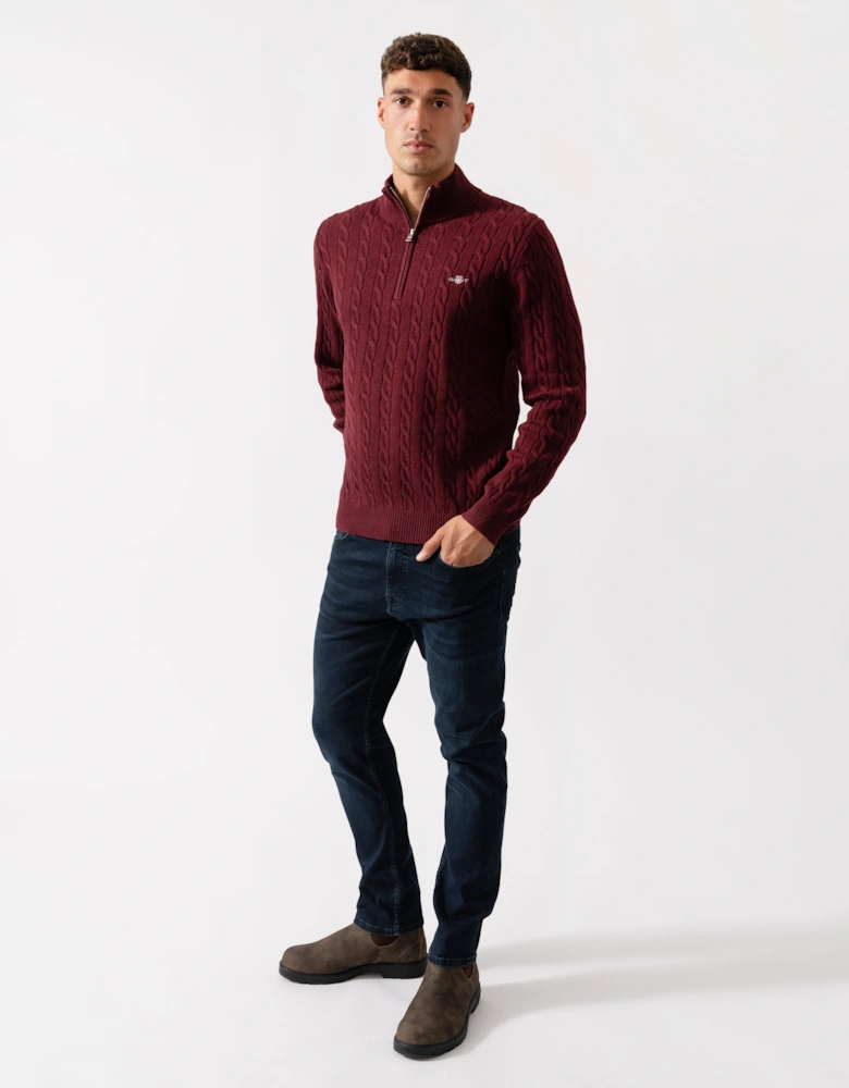 Mens Cotton Cable Half Zip Jumper - 677 Bordeaux Melange