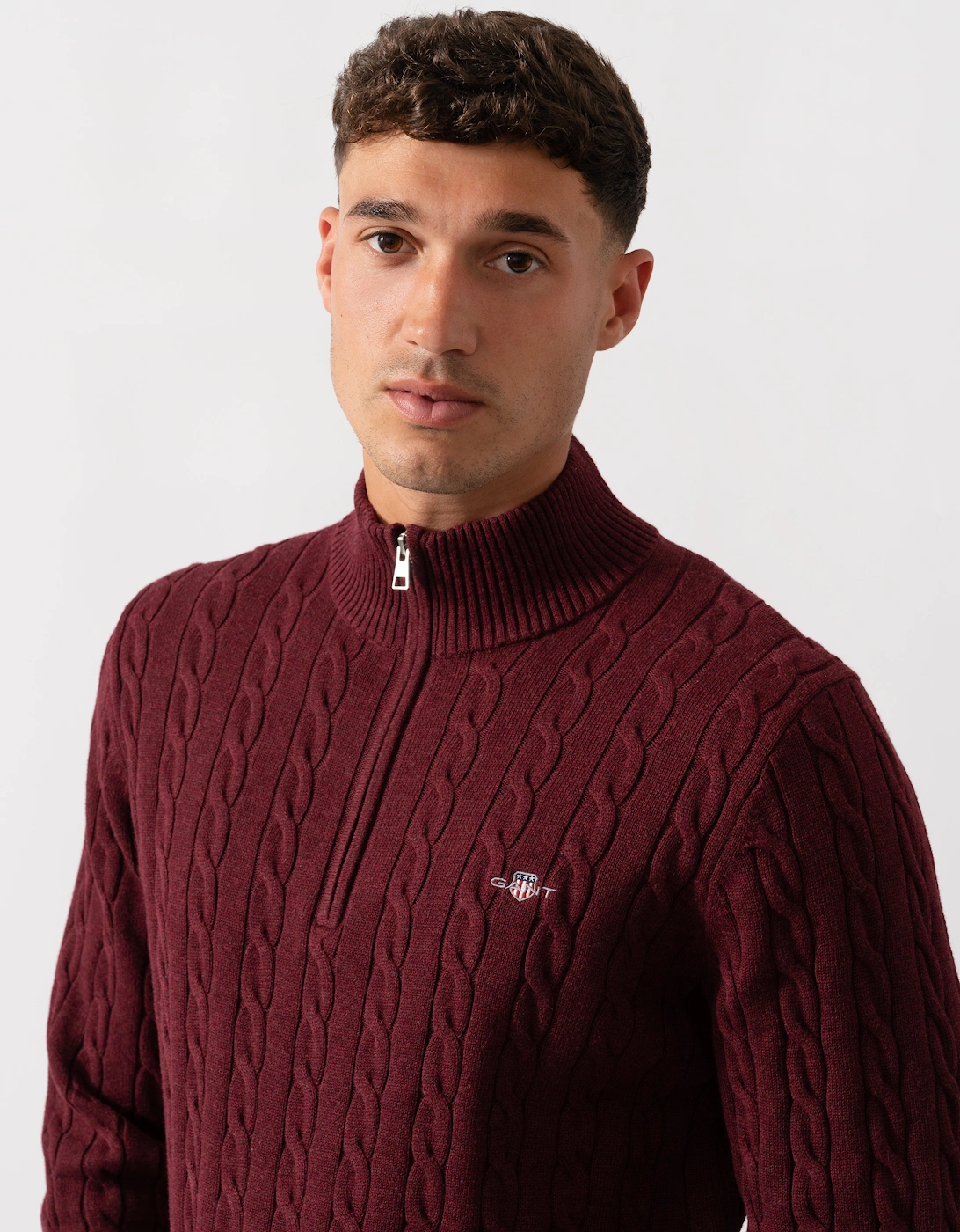 Mens Cotton Cable Half Zip Jumper - 677 Bordeaux Melange