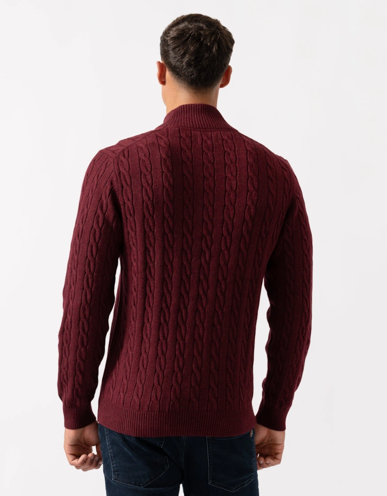 Mens Cotton Cable Half Zip Jumper - 677 Bordeaux Melange