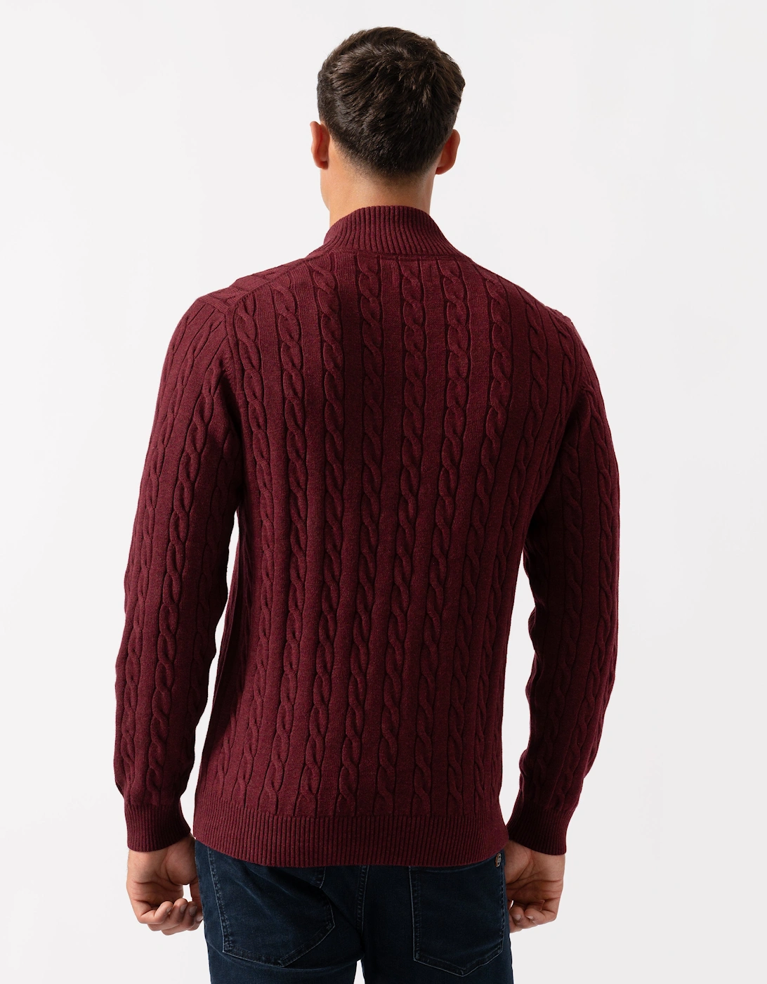 Mens Cotton Cable Half Zip Jumper - 677 Bordeaux Melange