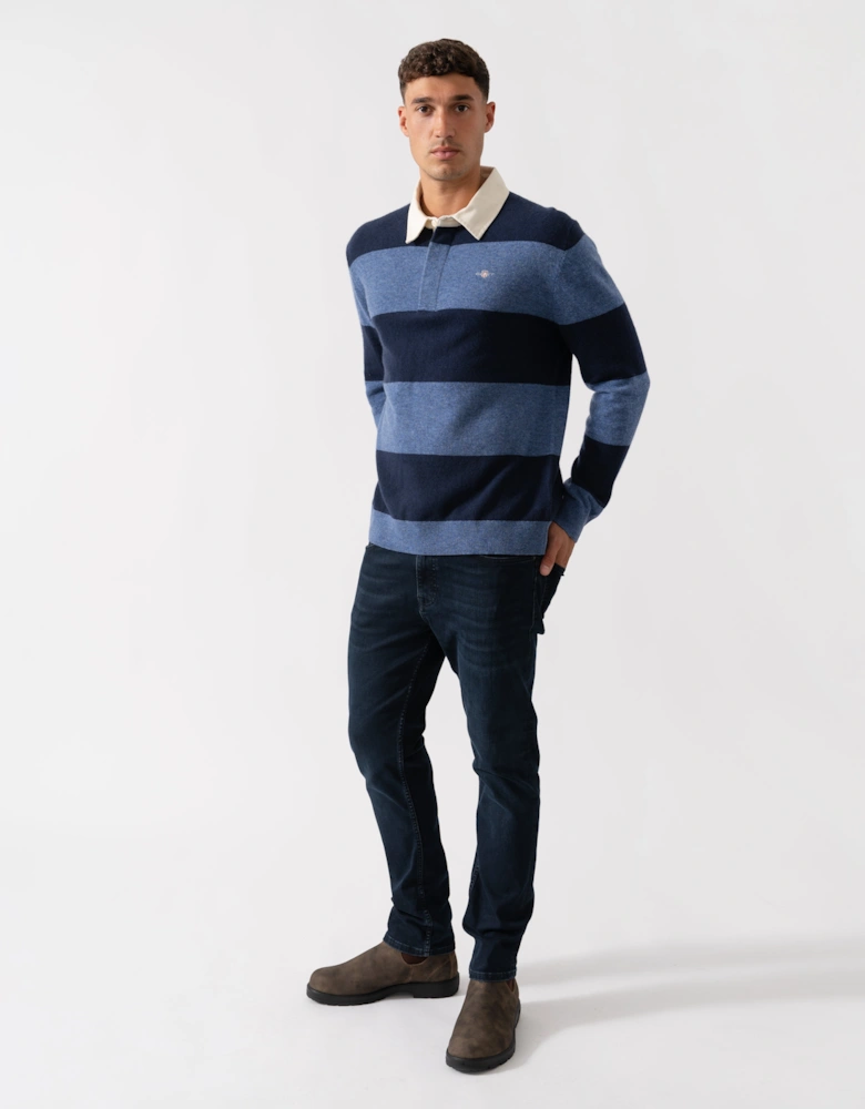 Mens Extrafine Lambswool Striped Long Sleeve Polo - 410 Marine