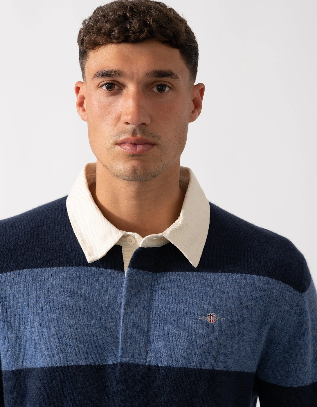 Mens Extrafine Lambswool Striped Long Sleeve Polo - 410 Marine