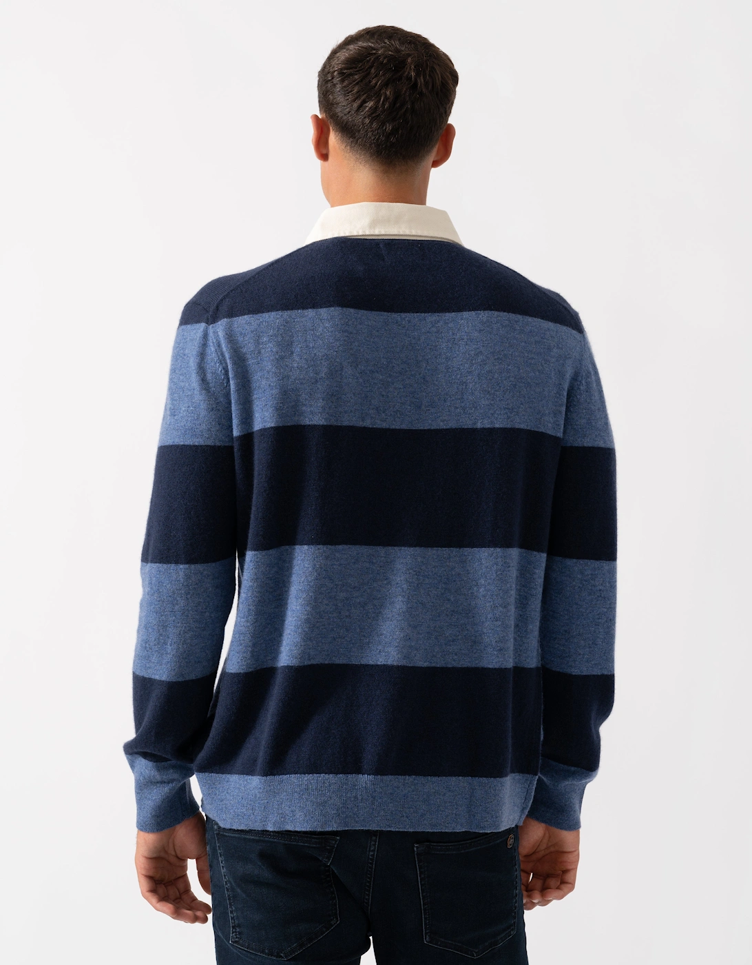 Mens Extrafine Lambswool Striped Long Sleeve Polo - 410 Marine