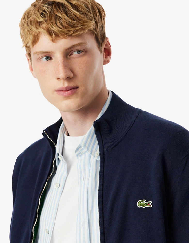 High Neck Zipped Cotton Mens Sweater - Navy Blue 166