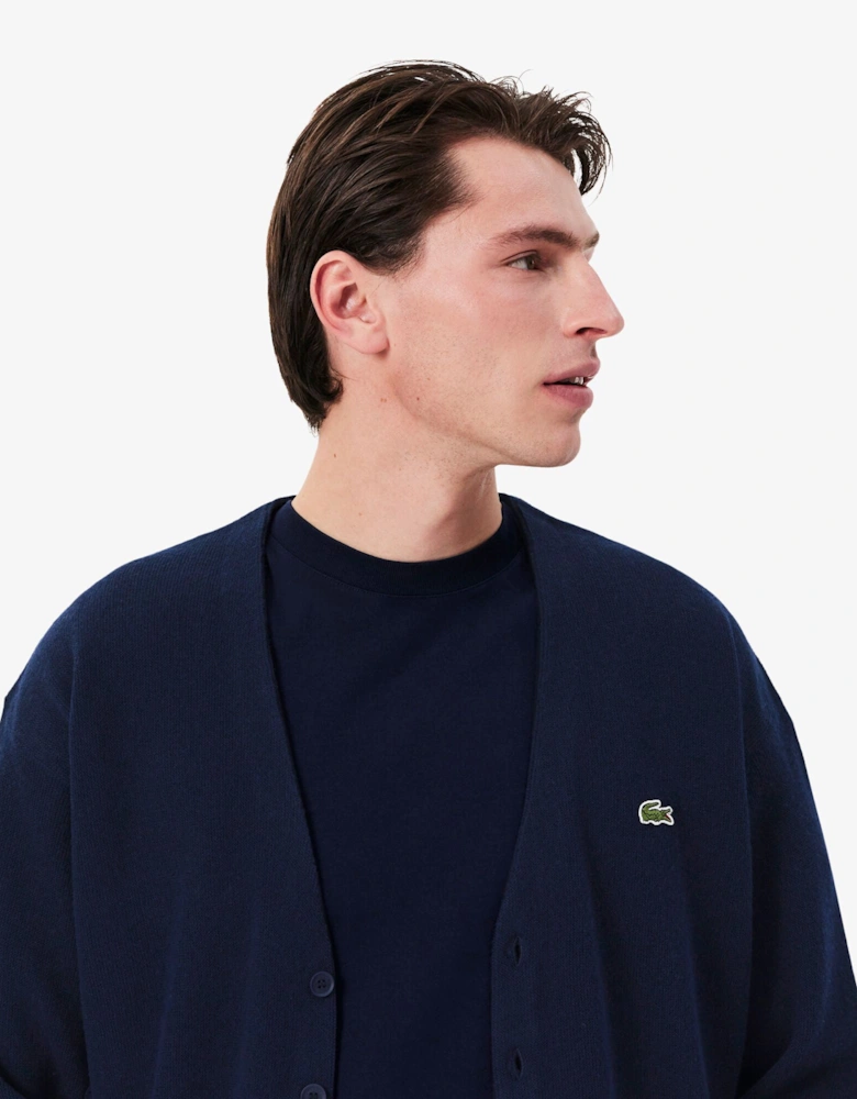 Relaxed Fit Moss Stitch Mens Wool Cardigan - Navy Blue 166