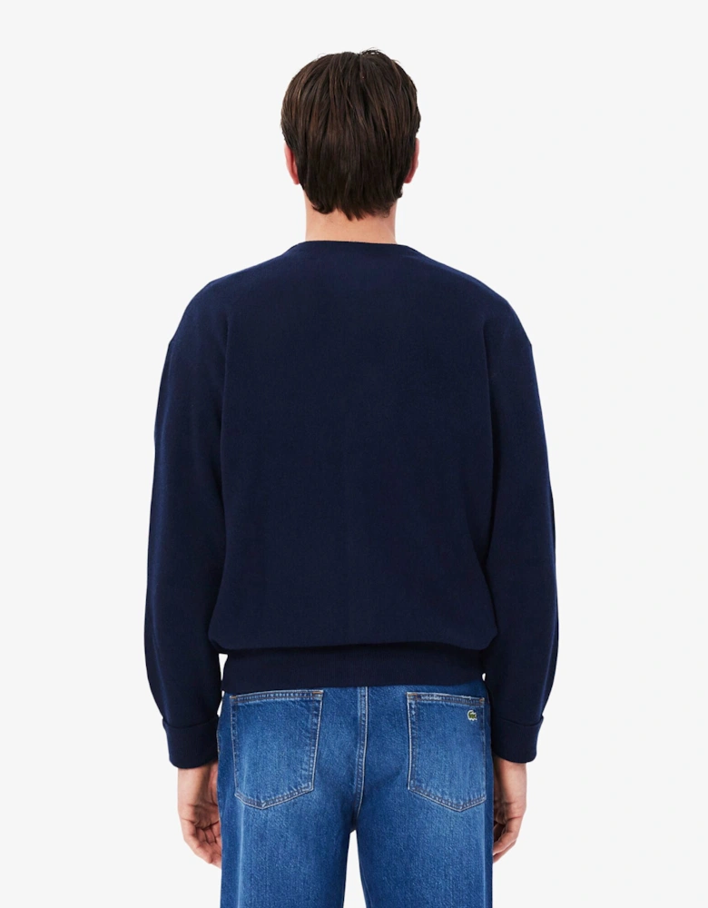 Relaxed Fit Moss Stitch Mens Wool Cardigan - Navy Blue 166