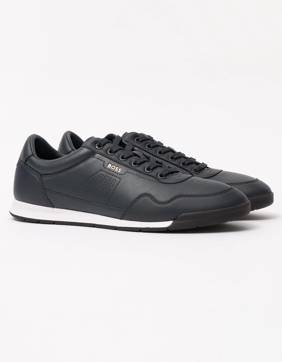 BOSS Orange Nitan Mens Nappa-leather trainers with gold-tone branding - Dark Blue 401