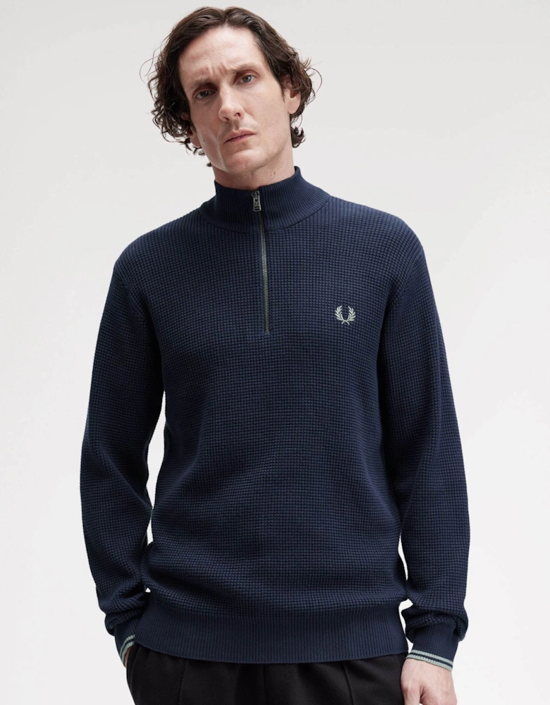 Mens Waffle Stitch Half Zip Jumper - Dark Airforce 738
