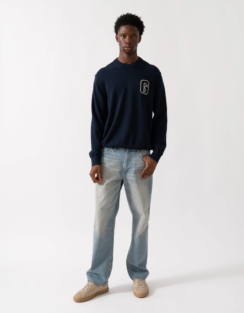 Mens Small Graphic Badge Crew Neck Jumper - 433 Evening Blue