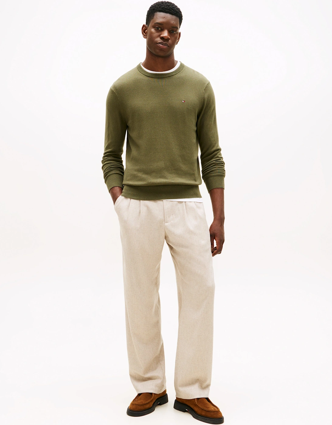 Organic Cotton Cashmere Mens Crew Sweater - Huntsman Green