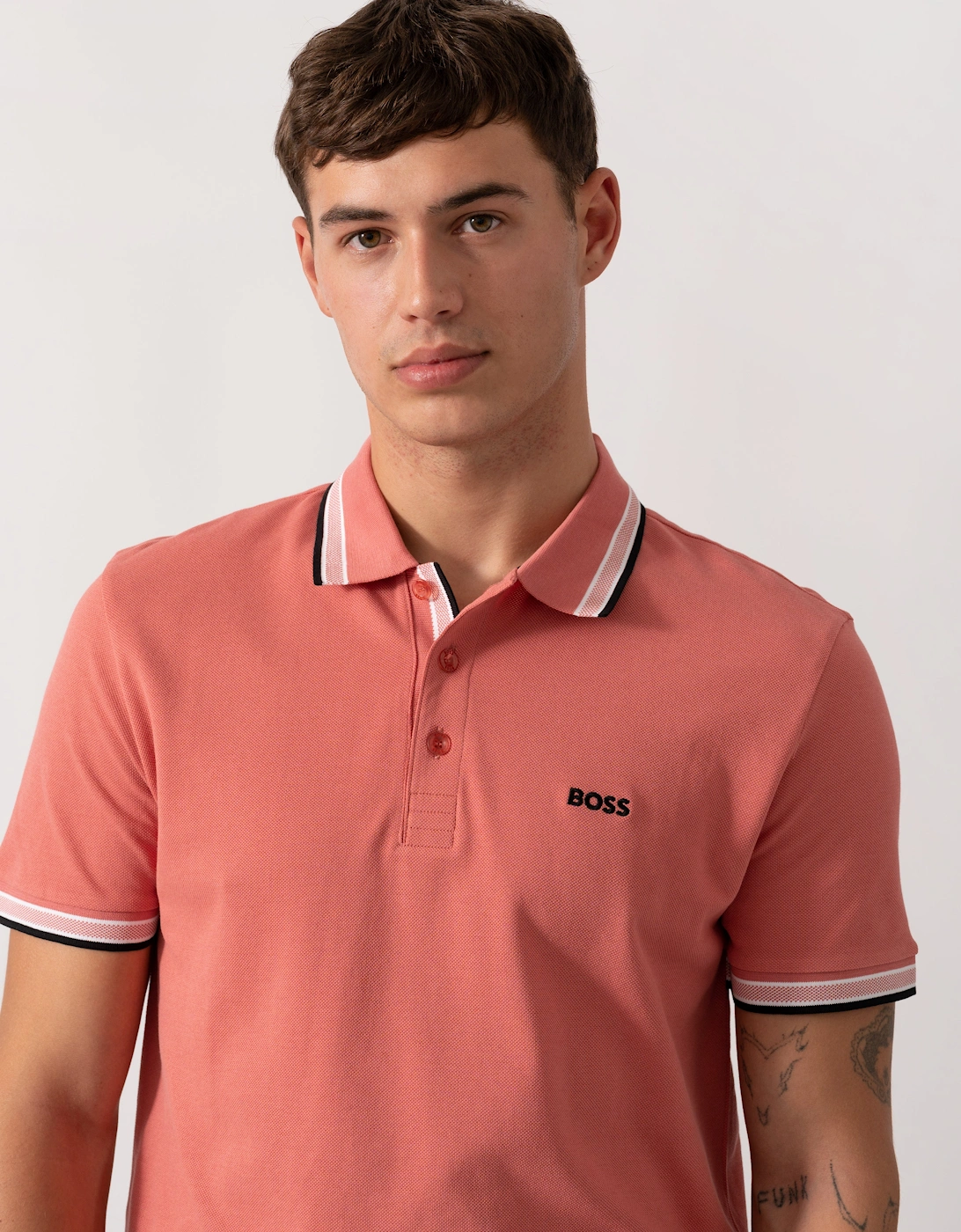 BOSS Green Paddy Mens Cotton-Piqué Polo Shirt with Contrast Logo - Medium Pink 667