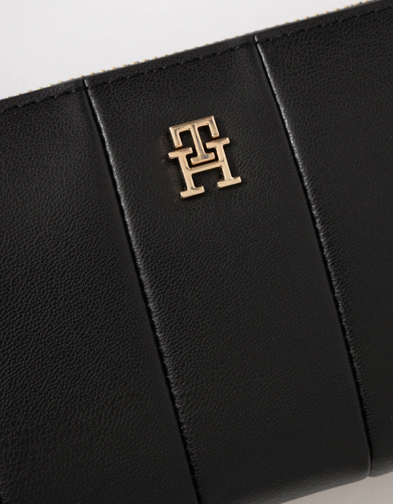 TH Icon Large Zip-Around Womens Quilted Wallet - Black