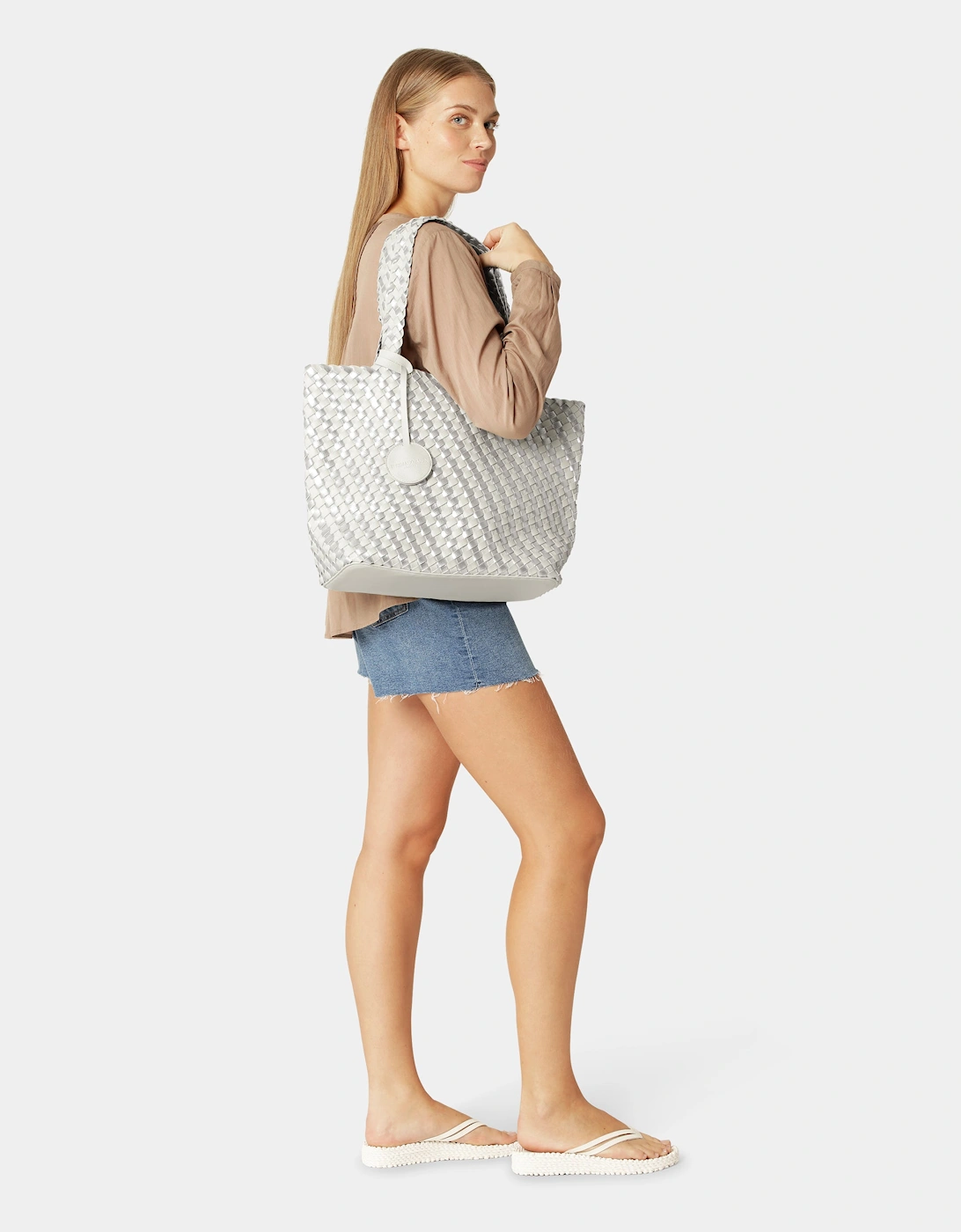 Reversable Dual Colour Womens Braided Shopper - Milk Creme Silver 121710