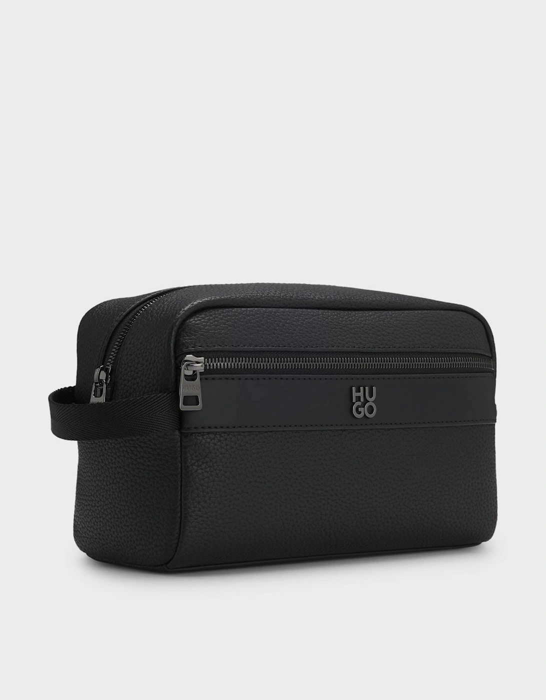 HUGO Quantic Mens Grained Faux Leather Washbag with Stacked-Logo - Black 001
