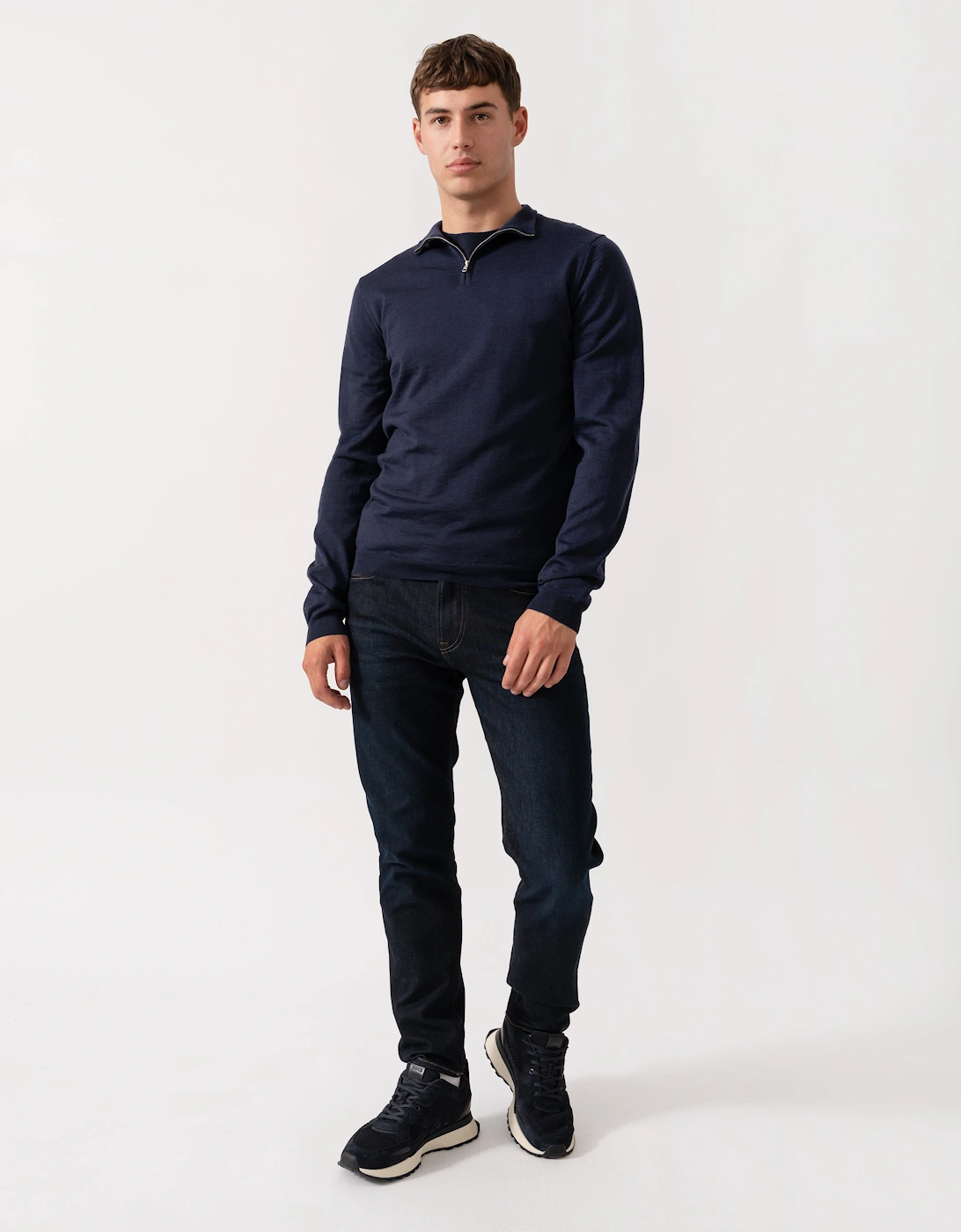 Curragh Mens 1/4 Zip Funnel Neck Merino Wool Jumper - Navy Marl