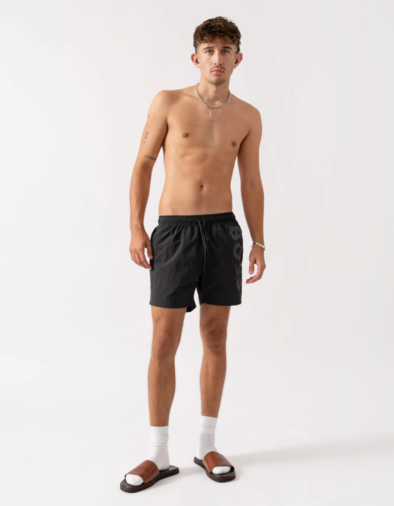 BOSS Orange Octopus Mens Contrast Logo Swim Shorts in Quick-Drying Fabric - Dark Grey 022