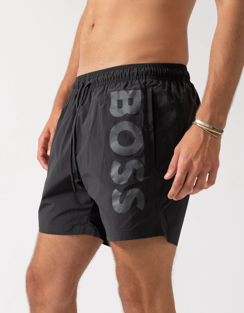 BOSS Orange Octopus Mens Contrast Logo Swim Shorts in Quick-Drying Fabric - Dark Grey 022