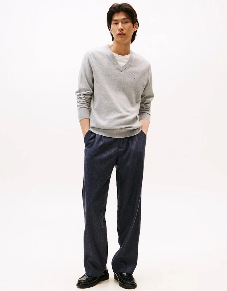 Pima Organic Cotton Mens Cashmere V-Neck Jumper - Light Grey Heather